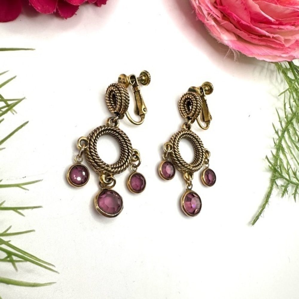 VINTAGE⚜️Amethyst Crystal Chandelier Clip Earrings